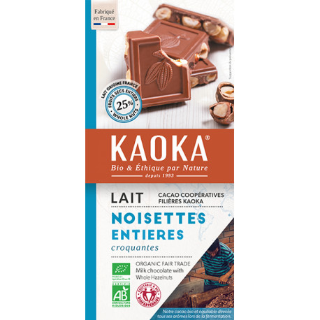 Chocolat lait & noisettes entières bio 180 g Kaoka 