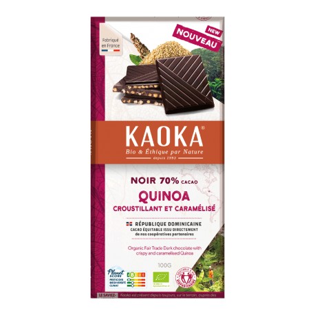 Chocolat noir 70% quinoa croustillant caramélisé bio 100 g Kaoka